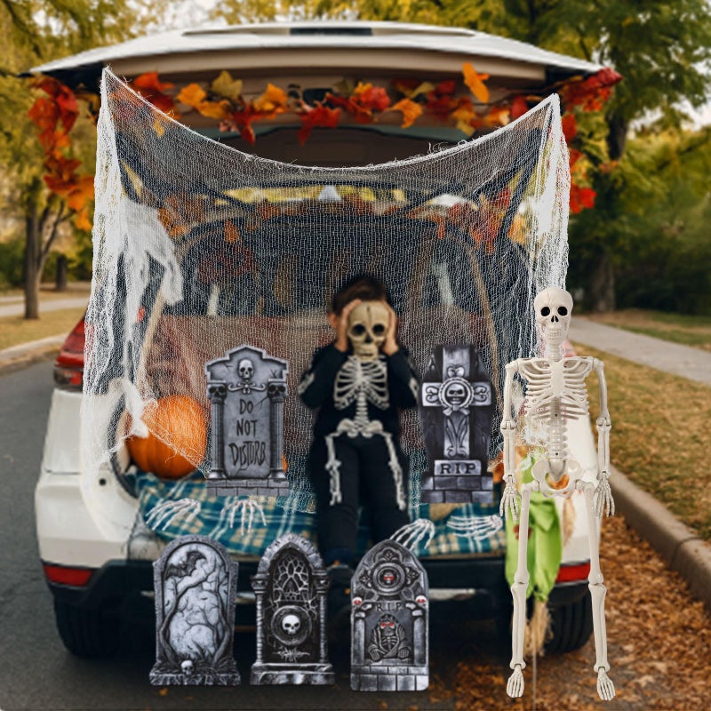 Jetec Halloween Tombstone Trunk or Treat Car Decoration Kit Cemetery Style Skeleton Spider Web Graveyard SUV Decorations for Halloween Car Outdoor Garage Door Entryway Archway Haunted House Decor - Image 5