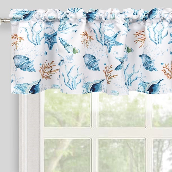 COASTAL BLUE VALANCE FOR WINDOWS SEA OCEAN CREATURE NAUTICAL WINDOW TREATMENT SHORT CURTAINS FOR KITCHEN BATHROOM CAFE ROD POCKET 52 X 14 INCHES BLUE
