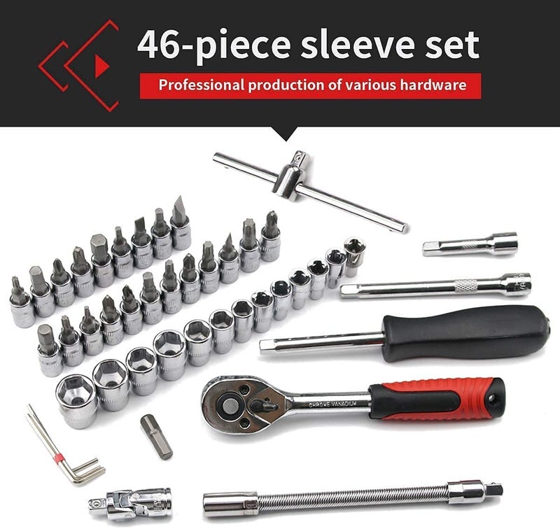 KBZONE 46 In 1 Pcs Tool Kit & Screwdriver and Socket Set,Hand Tool Kit Wrench Set Multi Purpose Combination Tool Case Precision Socket Set, Bike Tool Kit Set All Bike, Car Tool Kit Set (RED) - Image 2