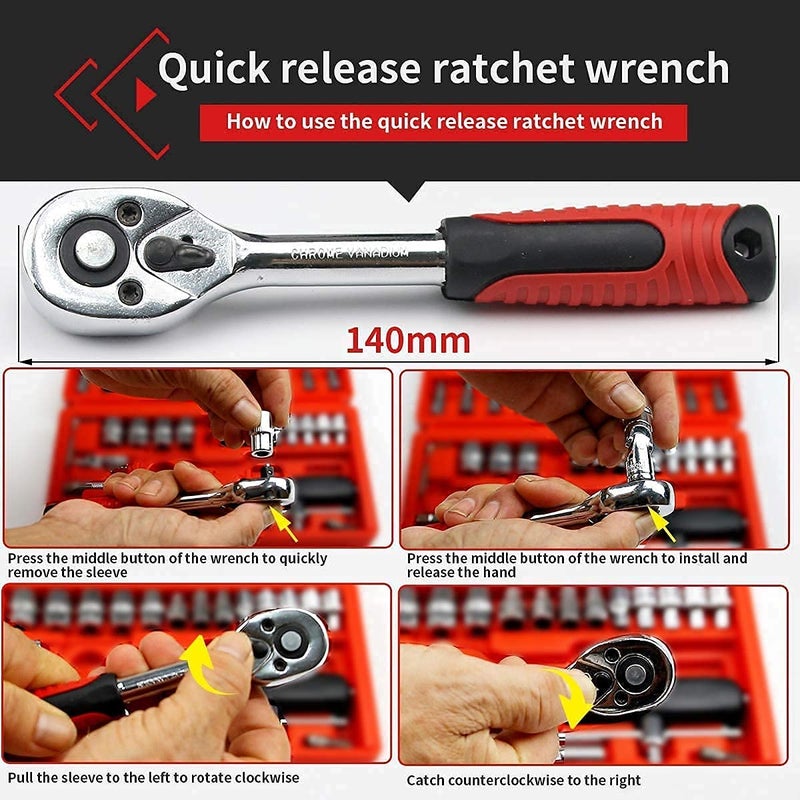 KBZONE 46 In 1 Pcs Tool Kit & Screwdriver and Socket Set,Hand Tool Kit Wrench Set Multi Purpose Combination Tool Case Precision Socket Set, Bike Tool Kit Set All Bike, Car Tool Kit Set (RED) - Image 4