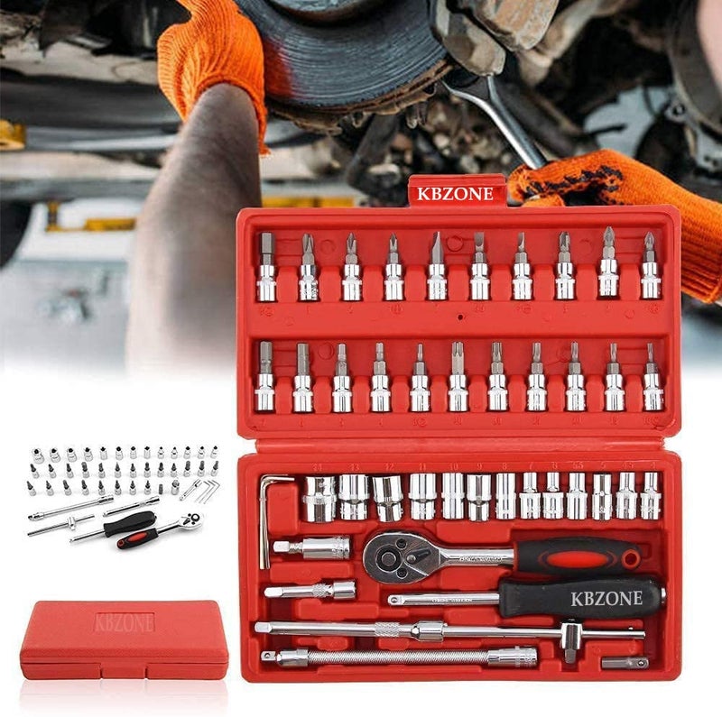 KBZONE 46 In 1 Pcs Tool Kit & Screwdriver and Socket Set,Hand Tool Kit Wrench Set Multi Purpose Combination Tool Case Precision Socket Set, Bike Tool Kit Set All Bike, Car Tool Kit Set (RED) - Image 1