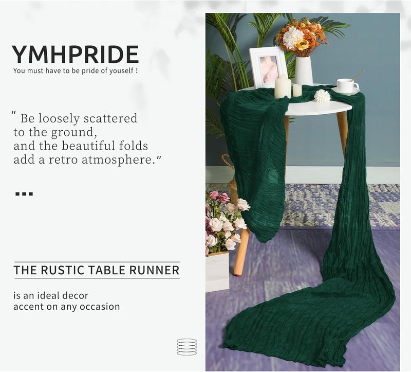 YMHPRIDE 2 Pieces Dark Green Table Runner, 90 cm x 300 cm Green Gauze Boho Table Runner for Wedding, Bachelorette Baby Shower Birthday Party Decorations - Image 4