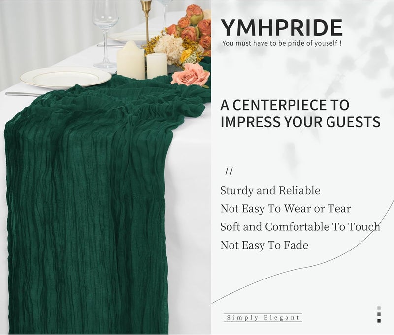 YMHPRIDE 2 Pieces Dark Green Table Runner, 90 cm x 300 cm Green Gauze Boho Table Runner for Wedding, Bachelorette Baby Shower Birthday Party Decorations - Image 5