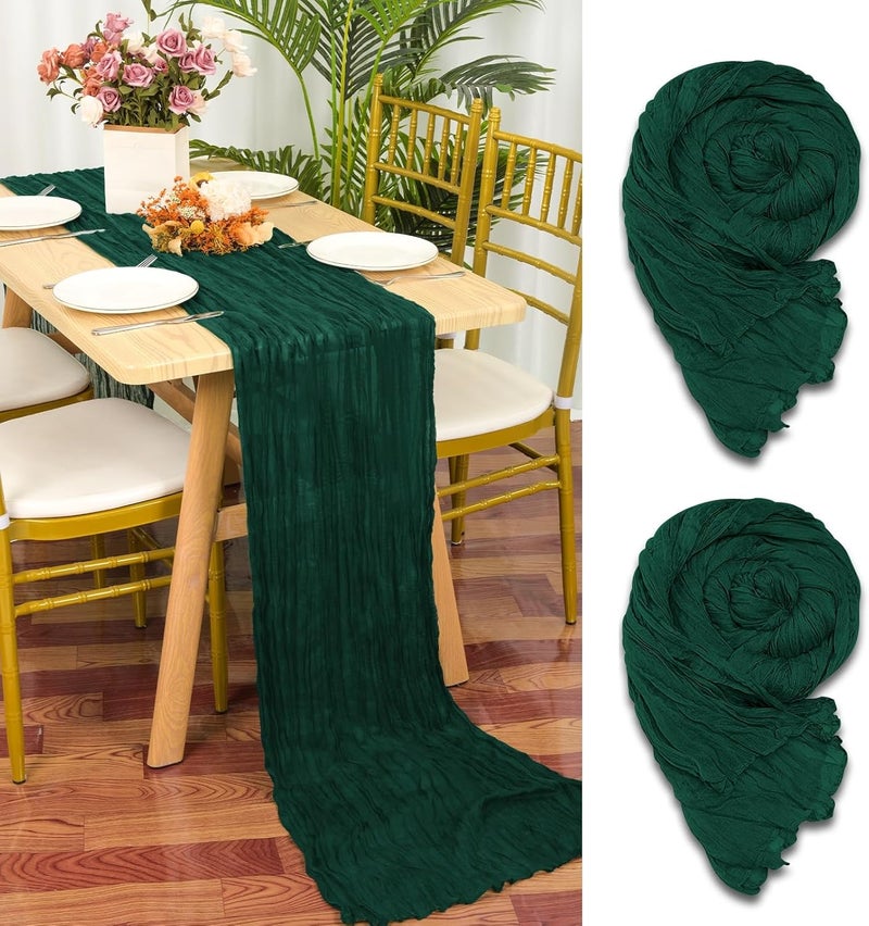 YMHPRIDE 2 Pieces Dark Green Table Runner, 90 cm x 300 cm Green Gauze Boho Table Runner for Wedding, Bachelorette Baby Shower Birthday Party Decorations - Image 1