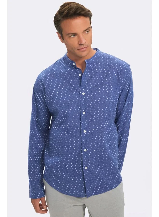 JUNE June Exclusive Men Regular Fit Linen Blended Mandarin Neck Shirt Navy