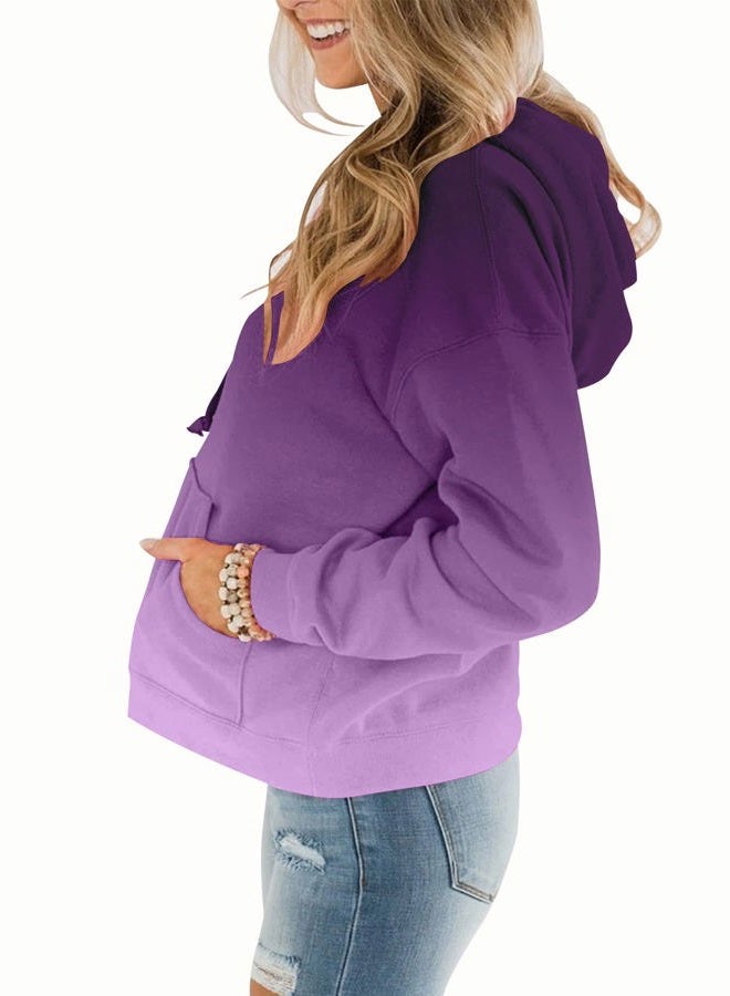 BeadChica Womens Casual Hoodies Crew Neck Long Sleeve Sweatshirts With Pocket Lightweight Pullover Tops, Gradient Purple, M - Image 2