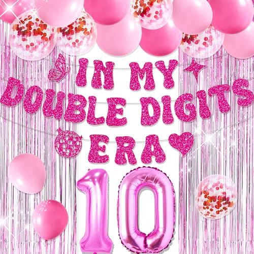 10th Birthday Decorations Pink In My Double Digits Era Banner Double Digits Birthday Happy 10th Birthday Decorations for Number 10 Balloon Girls Boys Double Digits Party Supplies