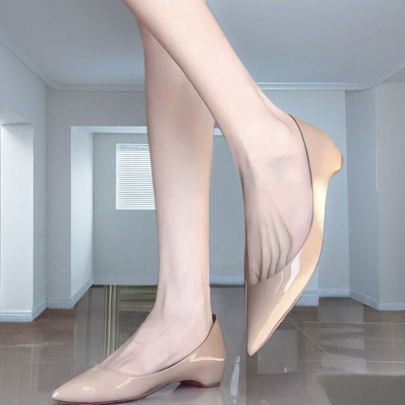 Internet Celebrant Nude Pointed Open Toe Stitched Shoes Heightening New Style Low Mouth Low Heel Red Bottom Simple Flat Shoes For All Seasons - Image 2