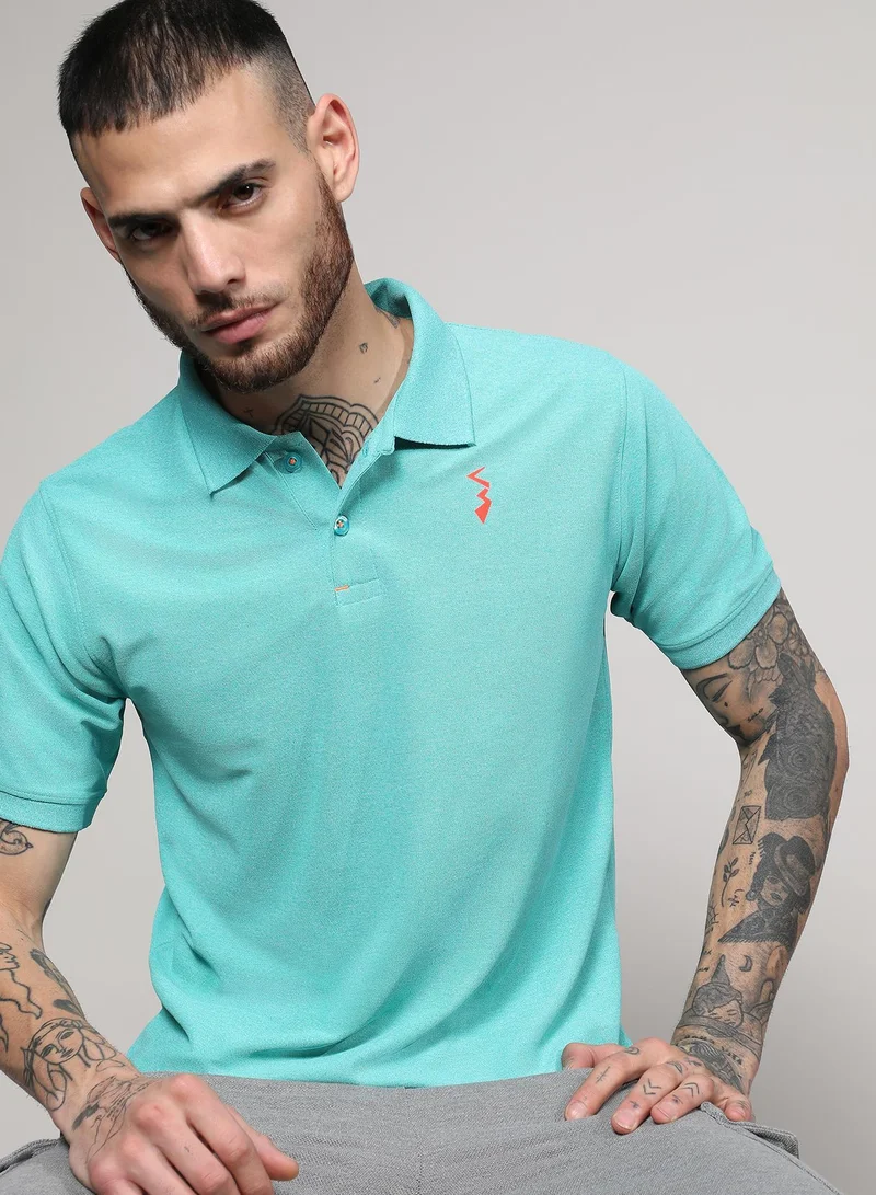Men's Aqua Blue Solid Polo Activewear T-Shirt