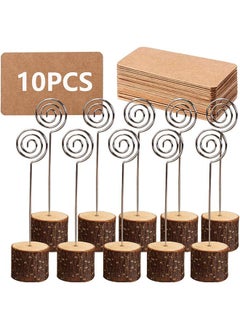 Garlo 10Pcs Premium Wood Place Card Holders with Swirl Wire and 100 Pcs Kraft Place Cards, Rustic Wood Table Number Holders Stands, Name Cards Photo Holders for Wedding Party Sign Food Cards Label  - Image 1