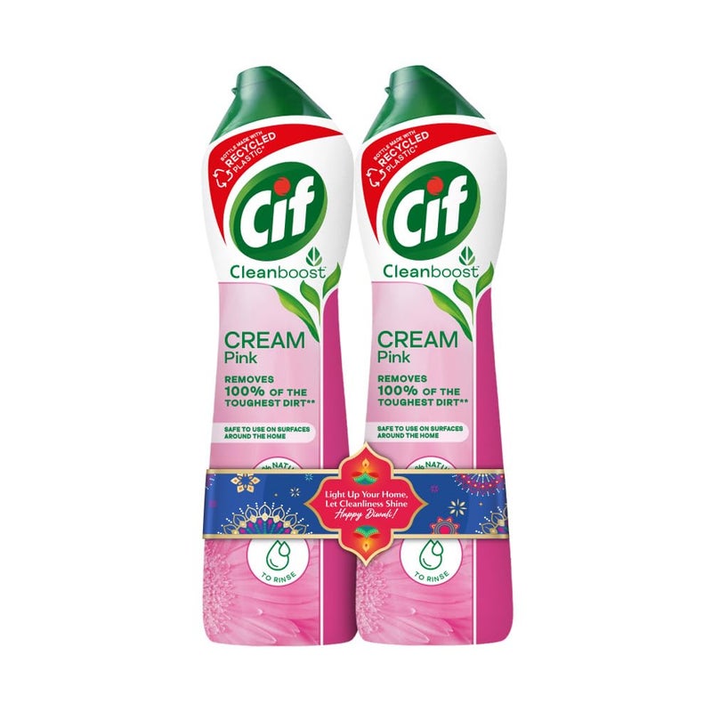 Cif Pink Multi Purpose Surface Cleaner Cream with Floral Fragrance, Removes Grease & Dirt wth Natural Cleaning Particles for Shiny Surface, 2x500ml - Image 1