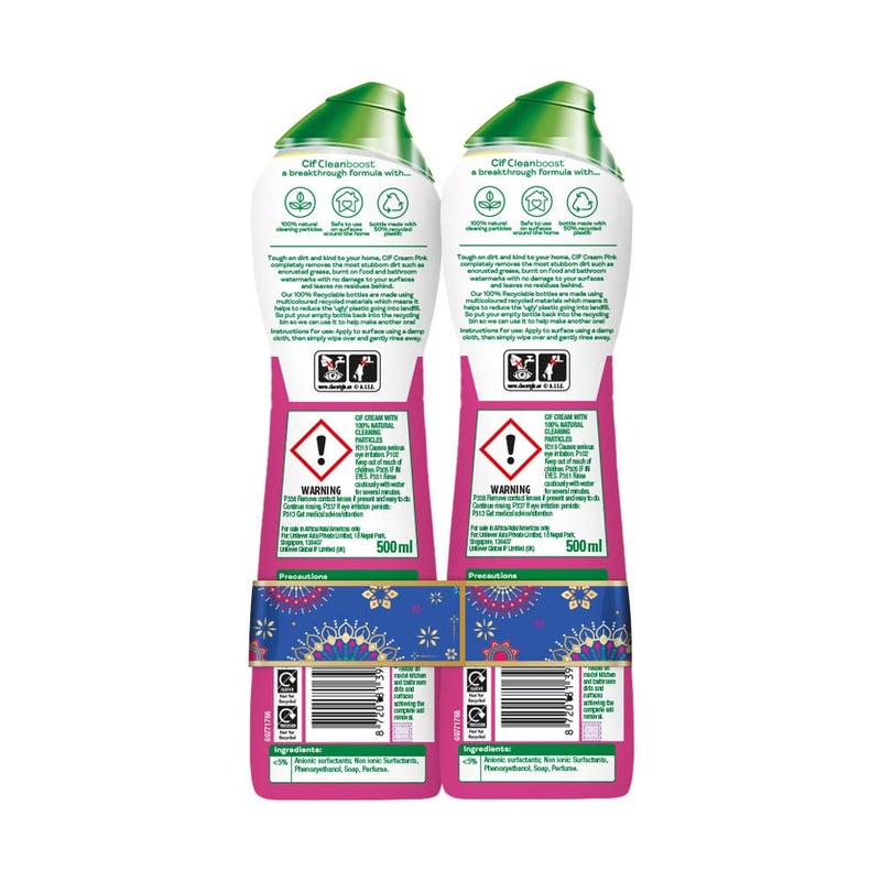 Cif Pink Multi Purpose Surface Cleaner Cream with Floral Fragrance, Removes Grease & Dirt wth Natural Cleaning Particles for Shiny Surface, 2x500ml - Image 3