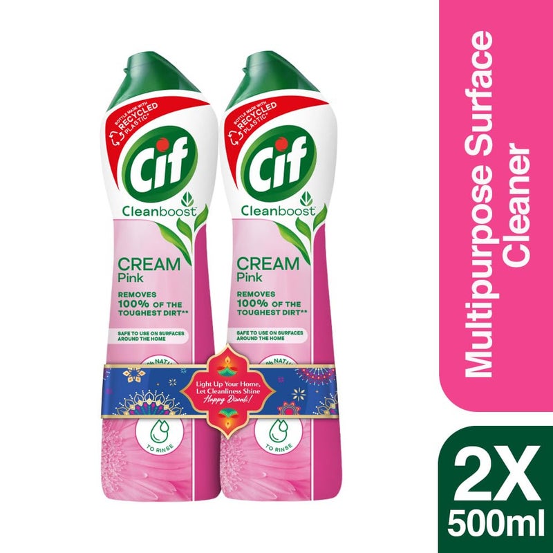 Cif Pink Multi Purpose Surface Cleaner Cream with Floral Fragrance, Removes Grease & Dirt wth Natural Cleaning Particles for Shiny Surface, 2x500ml - Image 2