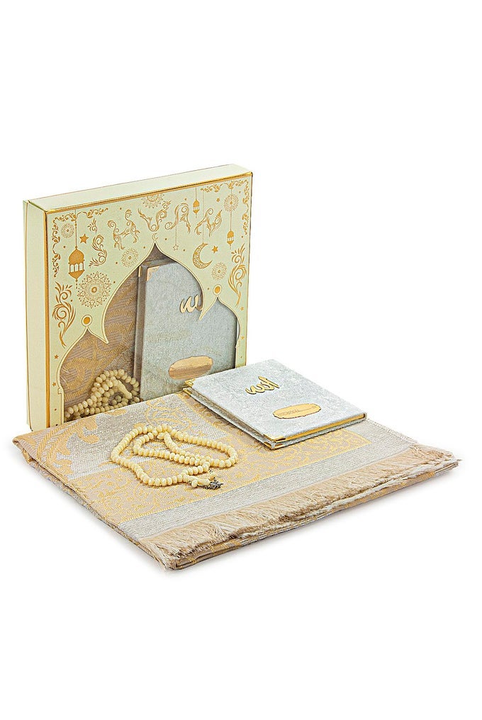 I PRAYER GIFT SET FOR MEN WOMEN MUSLIM TAFFETA PRAYER RUG SALAH MAT BEADS ROSARY VELVET COVERED YASEEN ISLAMIC GIFT SET FOR RAMADAN EID BEIGE
