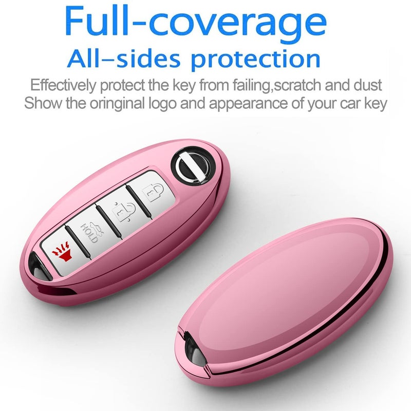 Autophone Compatible with Nissan Key Fob Cover with Leather Keychain Soft TPU Protection Key Case for Altima Maxima Rogue Armada Pathfinder Smart Key 3 4 5-Button (Pink) - Image 3