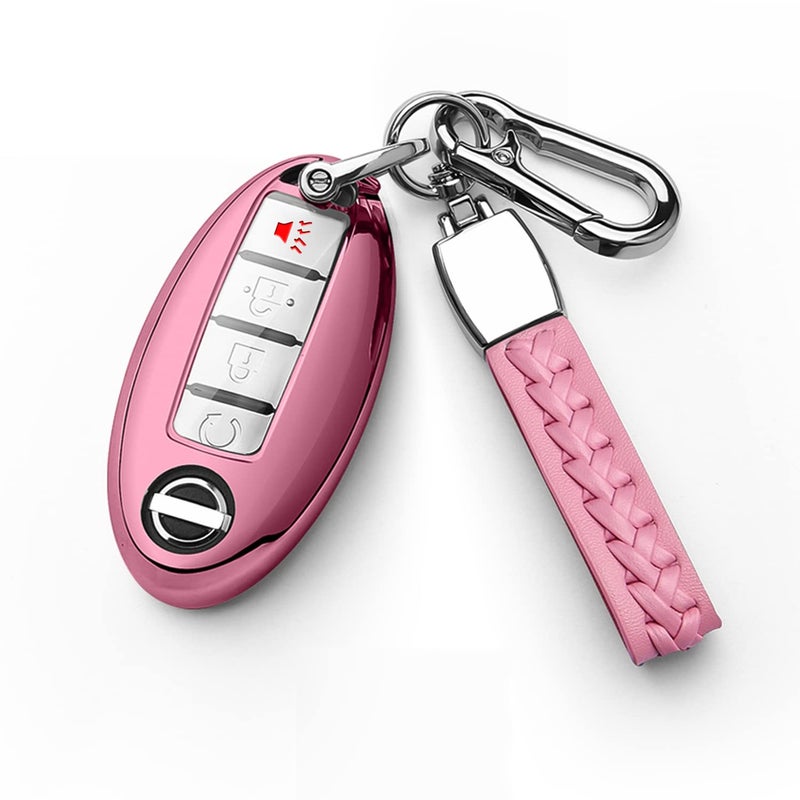 Autophone Compatible with Nissan Key Fob Cover with Leather Keychain Soft TPU Protection Key Case for Altima Maxima Rogue Armada Pathfinder Smart Key 3 4 5-Button (Pink) - Image 1