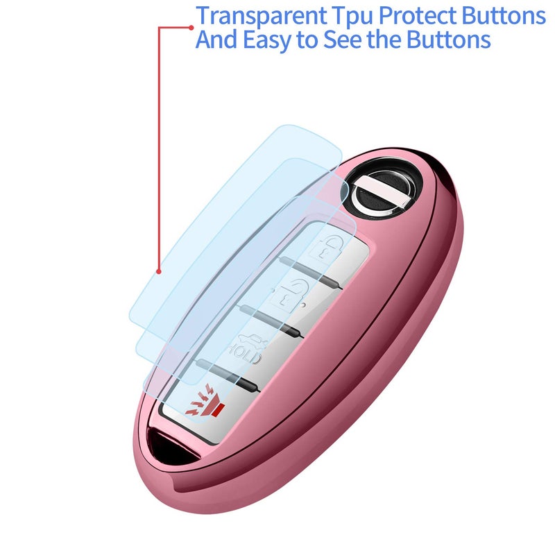 Autophone Compatible with Nissan Key Fob Cover with Leather Keychain Soft TPU Protection Key Case for Altima Maxima Rogue Armada Pathfinder Smart Key 3 4 5-Button (Pink) - Image 4