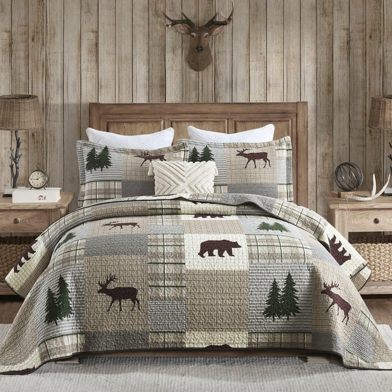 PERHOM Quilt Queen Size 100 Cotton Lightweight Cabin Plaid Queen Quilt Bedding Set Forest Tree Brown Bear Deer Patchwork Reversible BedspreadComforter Set with 2 Pillow Shams 3PCS