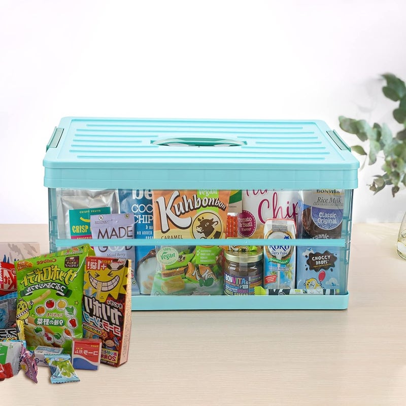 Foldable Plastic Storage Box With Lid, Upgrade Multifunction Transparent Collapsible Storage Bins, Stackable Clear Latch Storage Box with Handle, Blue - Image 2