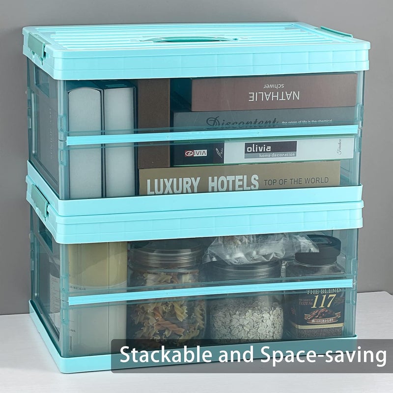 Foldable Plastic Storage Box With Lid, Upgrade Multifunction Transparent Collapsible Storage Bins, Stackable Clear Latch Storage Box with Handle, Blue - Image 3