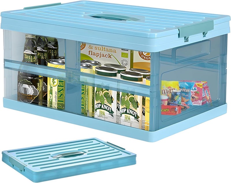 Foldable Plastic Storage Box With Lid, Upgrade Multifunction Transparent Collapsible Storage Bins, Stackable Clear Latch Storage Box with Handle, Blue - Image 1