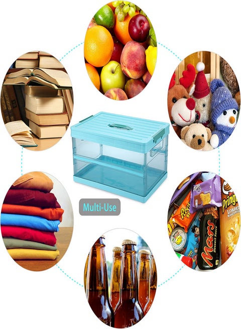 Foldable Plastic Storage Box With Lid, Upgrade Multifunction Transparent Collapsible Storage Bins, Stackable Clear Latch Storage Box with Handle, Blue