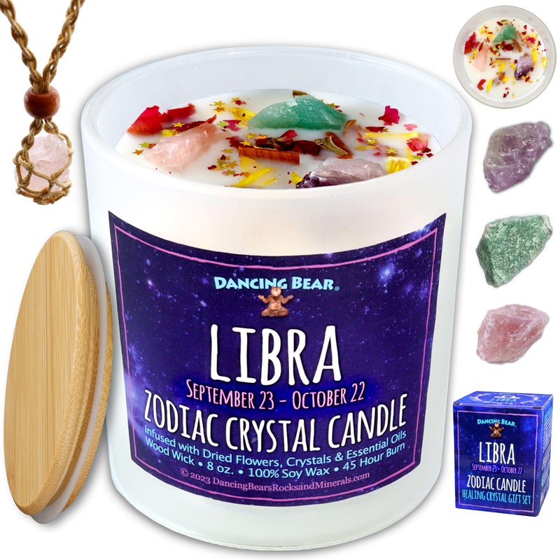 DANCING BEAR Libra Zodiac Candle Gift Box Set with 3 Healing Crystals Stone Holder Necklace 100 Soy Scented Wax Crackling Wood Wick 45 Hour Burn Time