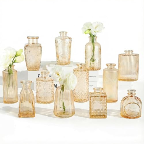 RUCKAE 12 Pack Glass Bud Vases Mini Flower Vase Small Vintage Vases for Centerpiece Table Wedding Decorations Home Decor Party (Gold) - Image 1