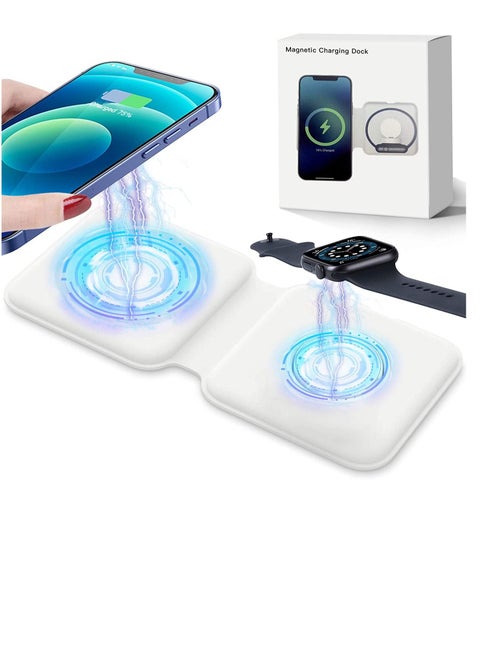 2 in 1 Wireless Charger, 15W Qi Fast Dual Magnetic Wireless Charging Pad [for Magsafe Charging], Foldable PU Wireless Charger Station for iPhone 12/12 Pro/12 Pro Max/Mini/11/X/XR/S20/Airpods/iWatch