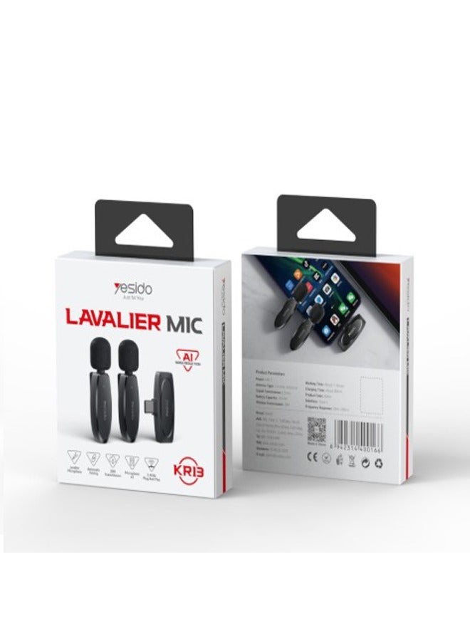 يسيدو ميكروفون لاسلكي مزدوج، موصل من النوع C، Yesido KR13 أسود - Image 1