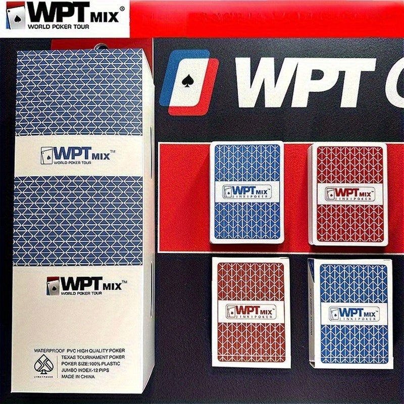 طقم بطاقات بوكر WPT Texas Holdem مكون من قطعتين، بجودة احترافية لمستوى البطولات، باللونين الأحمر والأزرق، بلاستيك صلب عالي الجودة مقاوم للثني، طلاء صامت غير قابل للانزلاق، مثالي لعشاق اللعبة. - Image 1