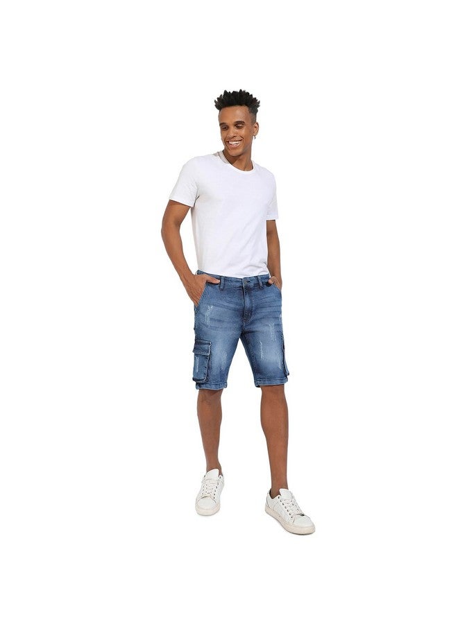 Campus Sutra Men's Blue Distressed Cargo Denim Shorts for Casual Wear | Medium-Wash Button Closure | Denim Denim Shorts Crafted with Comfort Fit for Everyday Wear - Image 3