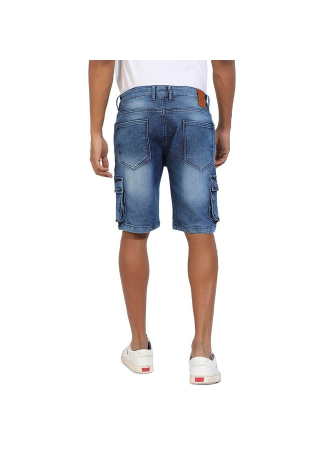 Campus Sutra Men's Blue Distressed Cargo Denim Shorts for Casual Wear | Medium-Wash Button Closure | Denim Denim Shorts Crafted with Comfort Fit for Everyday Wear - Image 2