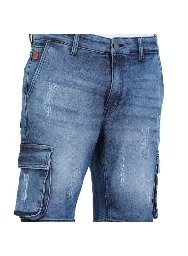Campus Sutra Men's Blue Distressed Cargo Denim Shorts for Casual Wear | Medium-Wash Button Closure | Denim Denim Shorts Crafted with Comfort Fit for Everyday Wear - Image 5