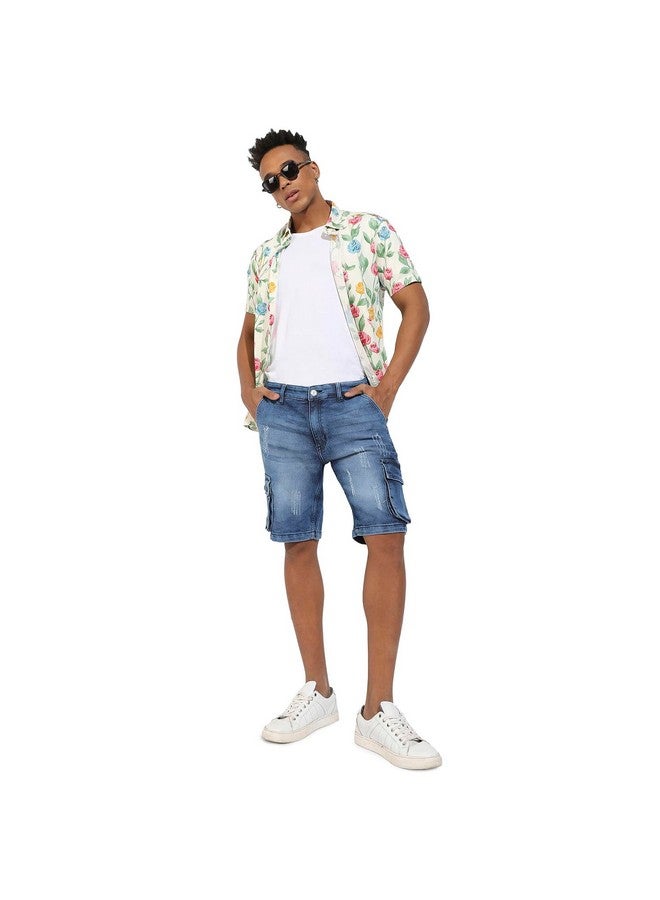 Campus Sutra Men's Blue Distressed Cargo Denim Shorts for Casual Wear | Medium-Wash Button Closure | Denim Denim Shorts Crafted with Comfort Fit for Everyday Wear - Image 4