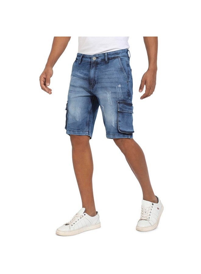 Campus Sutra Men's Blue Distressed Cargo Denim Shorts for Casual Wear | Medium-Wash Button Closure | Denim Denim Shorts Crafted with Comfort Fit for Everyday Wear - Image 1
