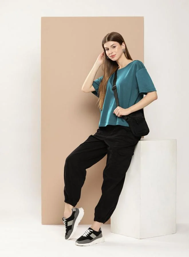 Styli Women Green Cotton Boxy T-Shirt By Bene Kleed