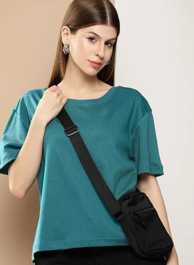Styli Women Green Cotton Boxy T-Shirt By Bene Kleed