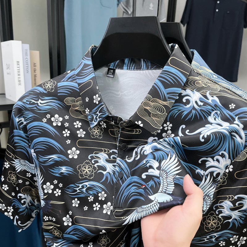 2026 New Men's Ice Silk Short Sleeve Hawaiian Floral Print Cool Feeling Polo Shirt