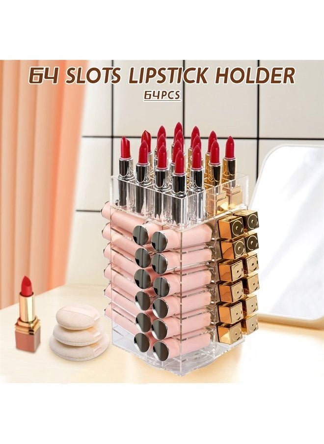 Display4top - Lipstick Holder, Acrylic Rotating 64 Lipstick Tower Organizer, 360 Degree Spinning Lipstick Tower Lipgloss Stand with Removable Dividers - Image 1