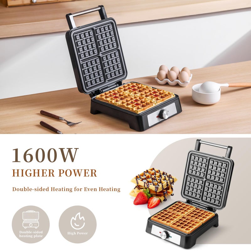 UVFAST Waffles Maker Waffle Iron, 4 Belgian Square Waffle Maker, Belgian Waffle Maker Thick with Non-stick Plate, Breakfast Waffle Machine Make Waffle in Minutes, 3 Browning Level, 1200W - Image 4