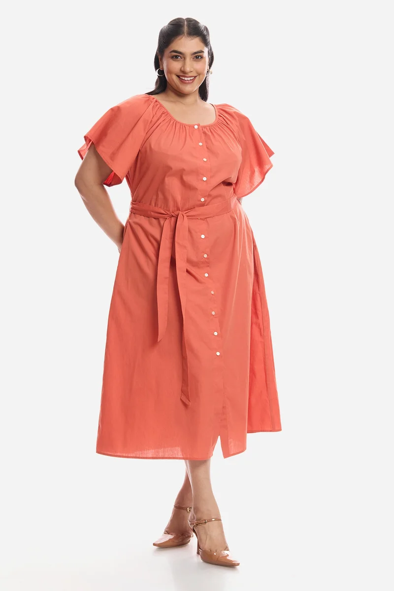 فيرجيو Solid Cotton Midi Plus Size Dress With Extended Sleeves for Women