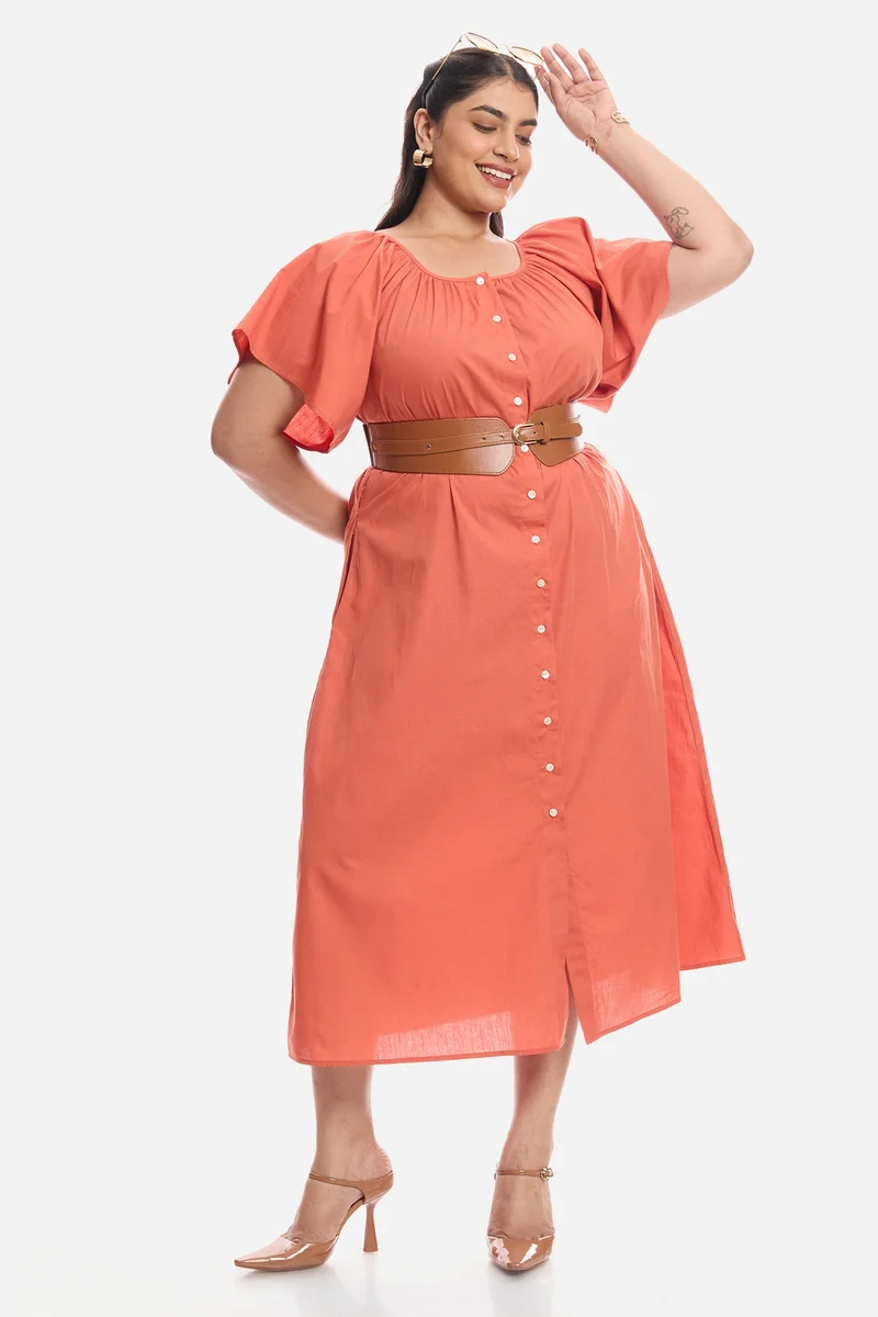 فيرجيو Solid Cotton Midi Plus Size Dress With Extended Sleeves for Women