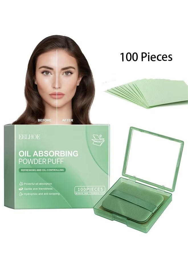 EELHOE Oil Absorbing Powder Puff，Oil Blotting Sheets for Face-100 Counts Gree Tea Blotting Paper for Oily Skin with Portable Mirror & Makeup Puff -Absorb Excess Oil,Skin Friendly and Comfortable. - Image 1
