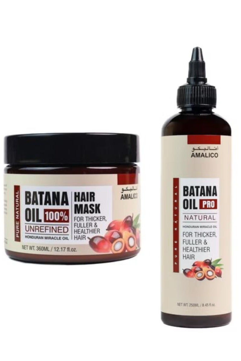 اماليكو مجموعة من قطعتين من زيت باتانا برو الطبيعي الهندوراسي المعجزة لشعر أكثر كثافة وامتلاءً وصحة 250 مل + كريم شعر باتانا 100% غير مكرر 360 مل