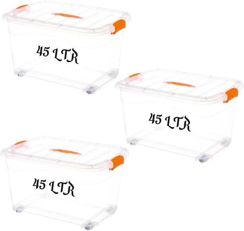 Selecto BCT 45 LTR Clear Plastic Storage Box with Wheels and Lid - 3 Piece Set for Organizing Clothes, Toys, Books, Snacks, Shoes, and Groceries - Image 1