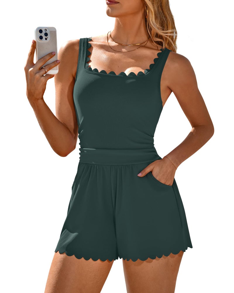 Charmo Scalloped Swim Romper One Piece Swimsuit for Women Tummy Control Bathing Suit Cute Swim Suit with Shorts Green S - Image 1