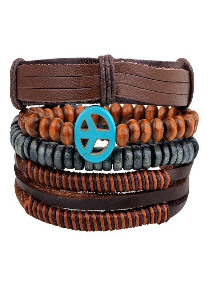 ZIVOM® Brown Leather Handcrafted Multi Strand Peace Wrist Band Bracelet for Men - Image 1
