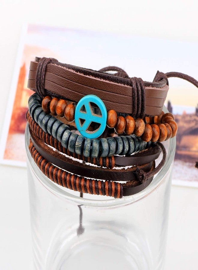 ZIVOM® Brown Leather Handcrafted Multi Strand Peace Wrist Band Bracelet for Men - Image 4