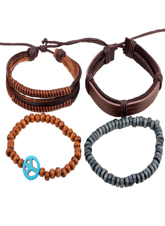 ZIVOM® Brown Leather Handcrafted Multi Strand Peace Wrist Band Bracelet for Men - Image 2